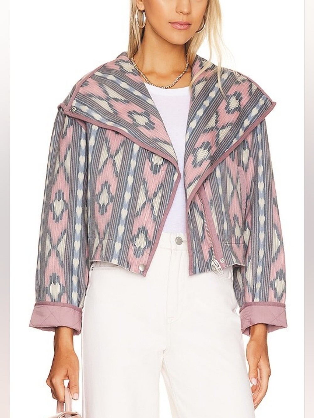 BLANKNYC Women's Medium Pink Quilted Southwestern Boho Ikat Crop Jacket New